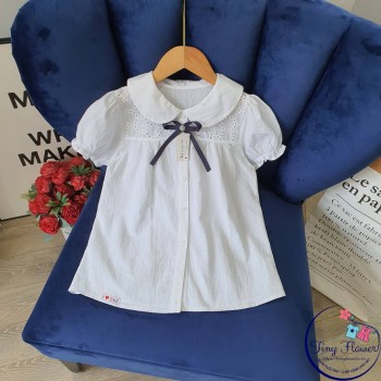 Áo sơ mi ren ngực nơ cài - chất thô cotton - size 6-10 - A8225